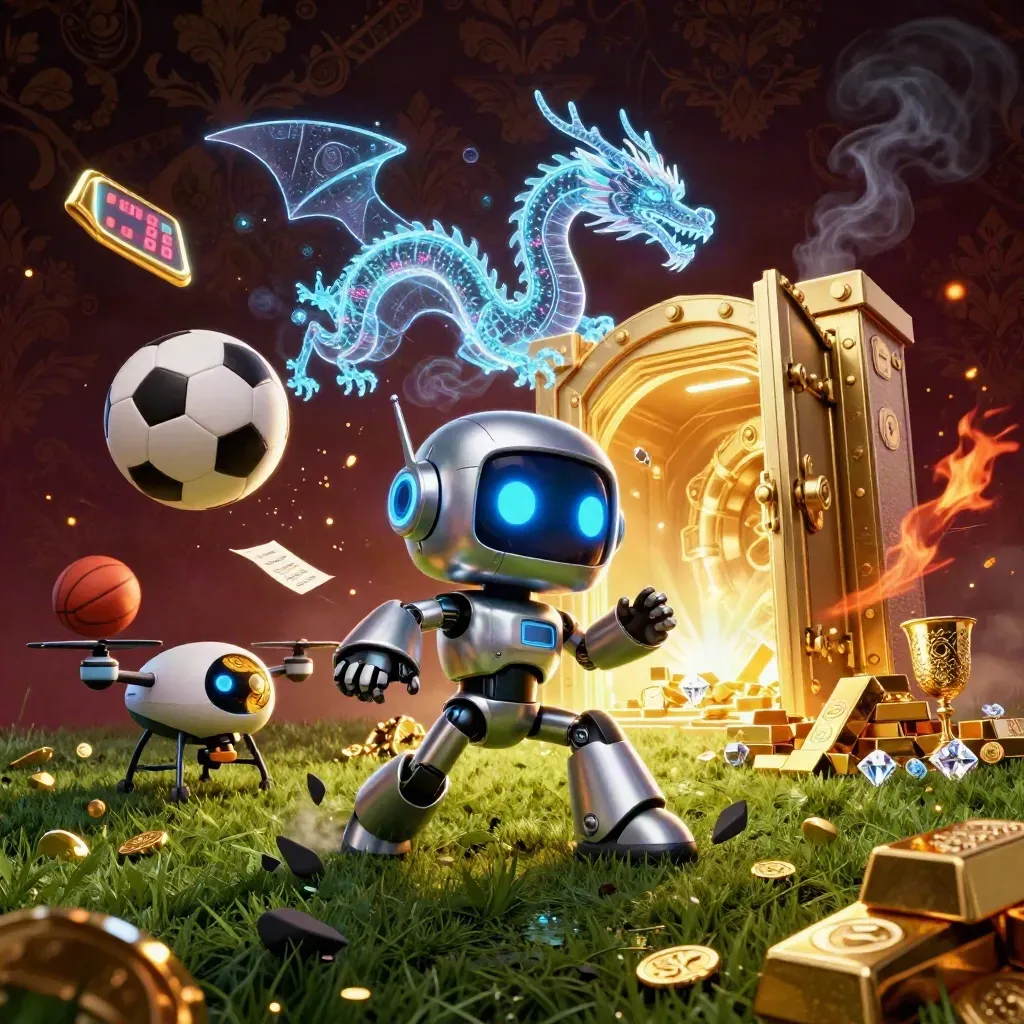 Chrome robot, particle dragon, and coin drone amid vault gold, soccer ball, and basketball.