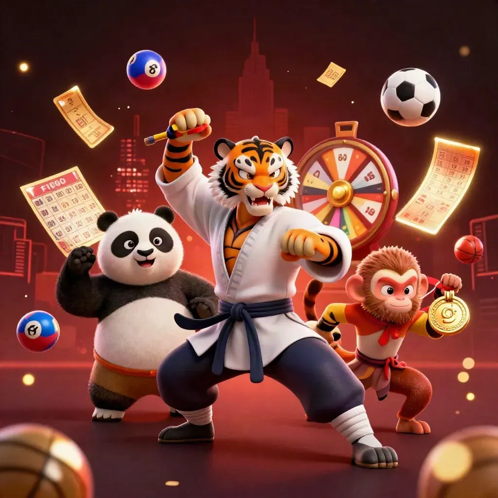 Kung-fu tiger, panda, and monkey amid sports balls and casino props, glowing red-gold light.