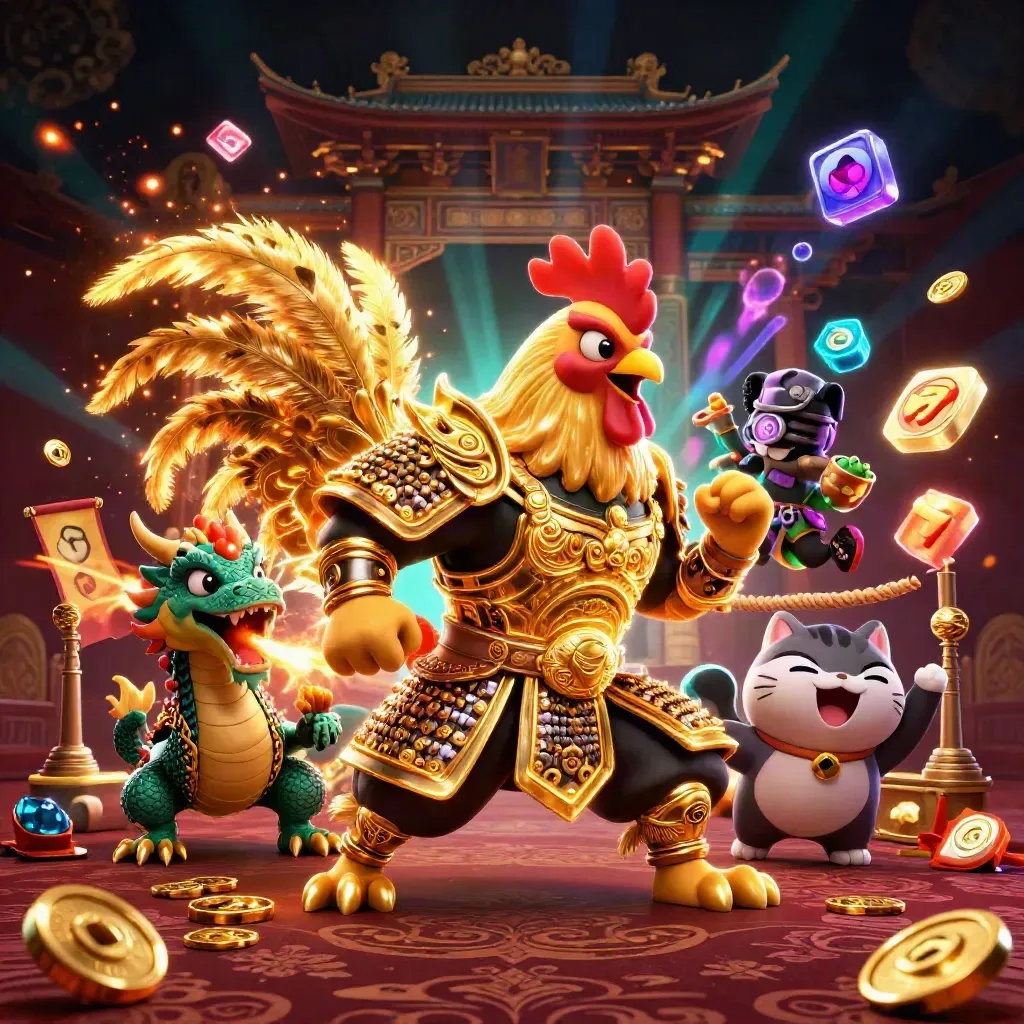 Rooster warrior, dragon hatchling, and fortune cat burst through a gold-lit temple gate.