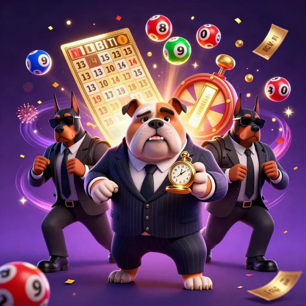 Bulldog mafia boss and two Dobermans amid casino magic, lottery balls, confetti, and fireworks