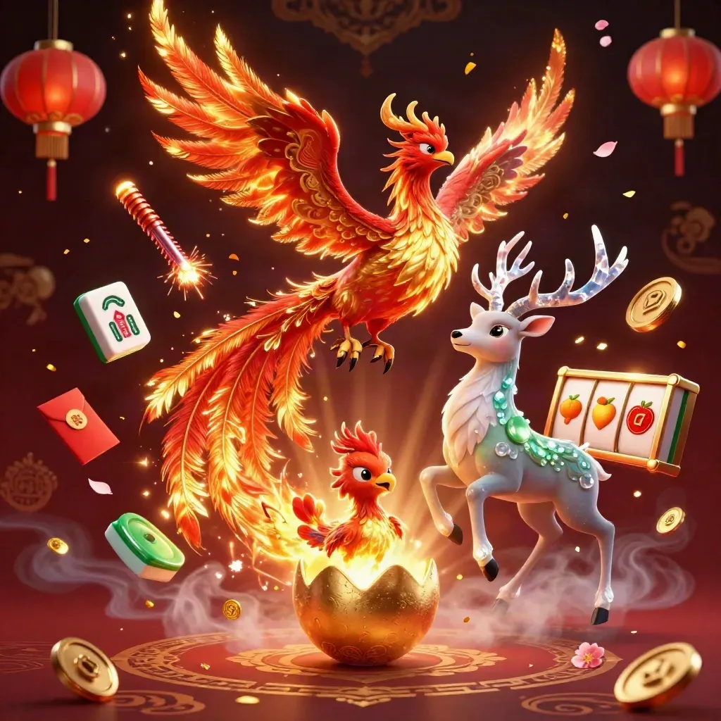 Fire phoenix, hatching baby phoenix, crystal-antler stag amid casino treasures and neon gold glow