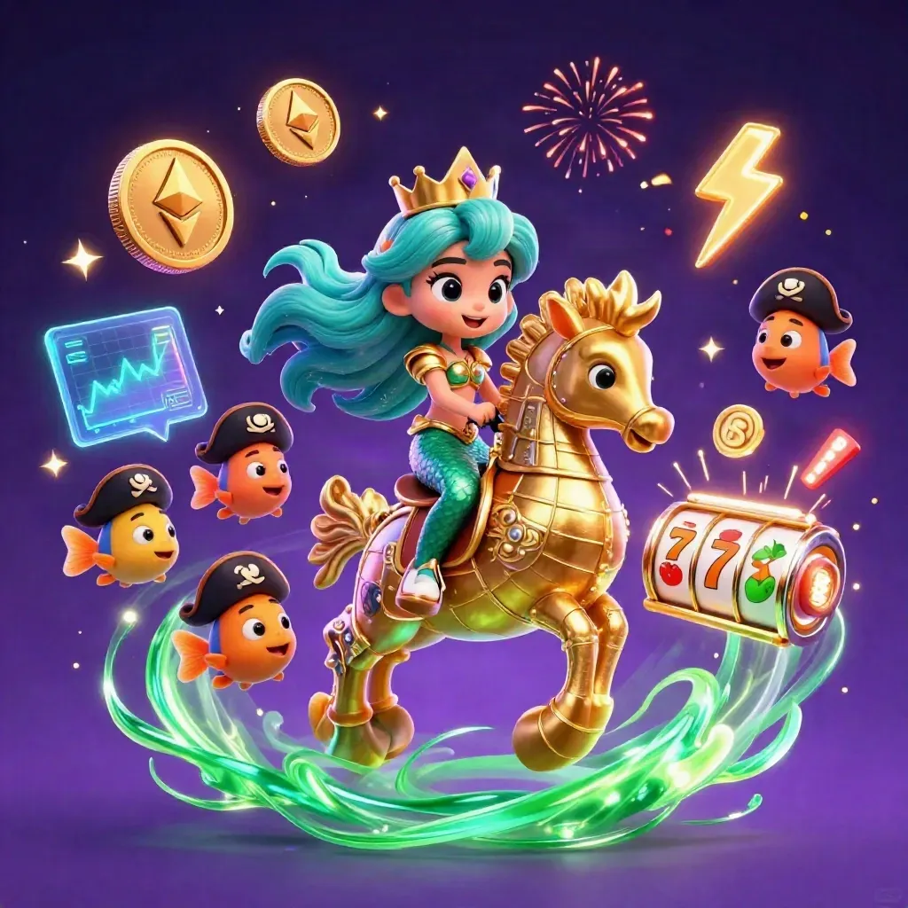 Mermaid princess rides an armored seahorse amid casino coins, fish, magic swirls, and neon sparks.