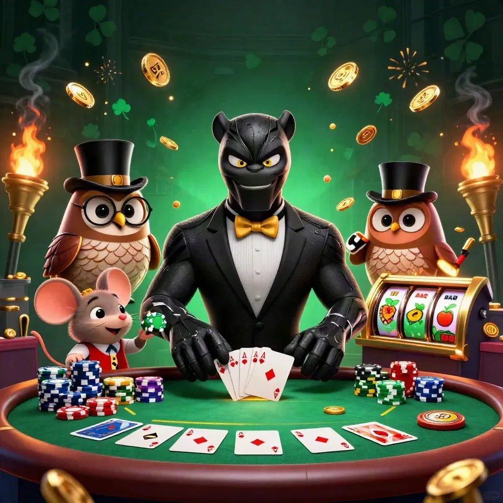 Panther, owl and mouse celebrate amid coins, reels, chips and fireworks in a casino splash scene.