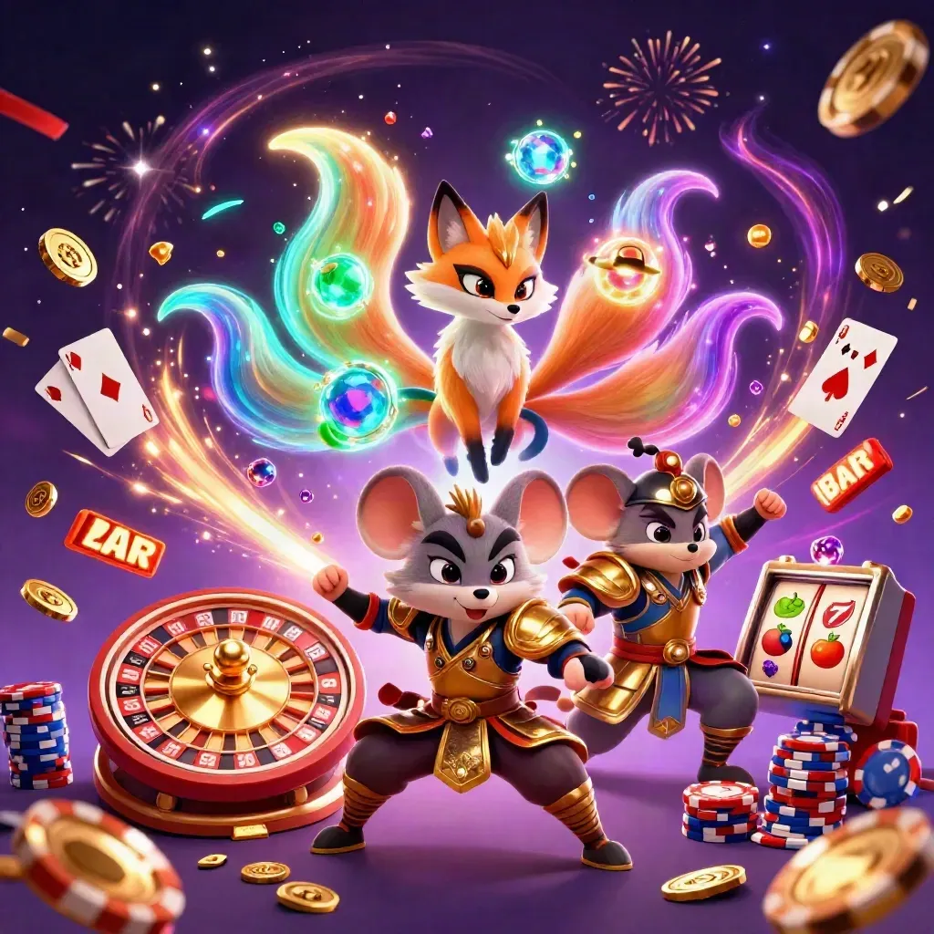 Nine-tailed fox spirit and armored mouse amid exploding coins, roulette, chips, cards, and fireworks.