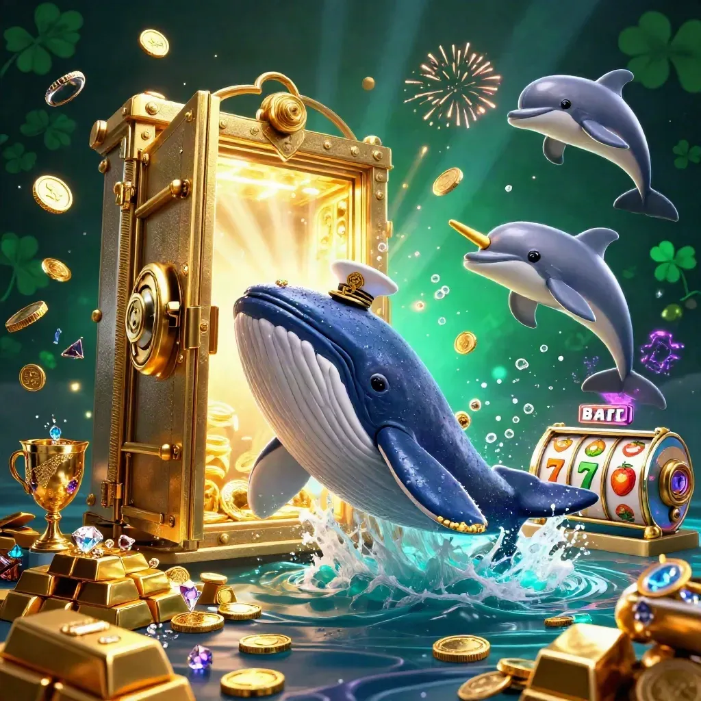 Whale captain, narwhal, and dolphins erupt from coins and a glowing vault in a casino splash scene.