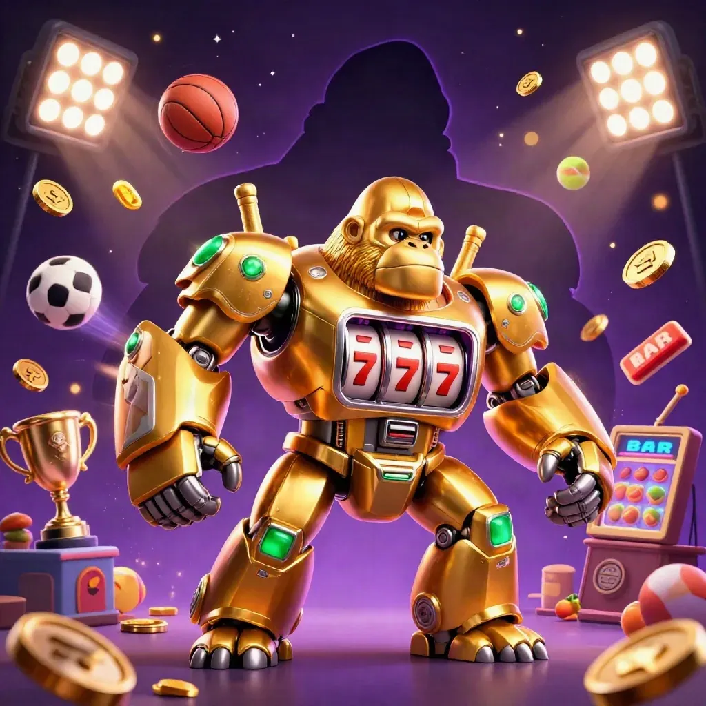 Golden gorilla mech with tiny monkey pilot amid casino effects and flying sports balls.