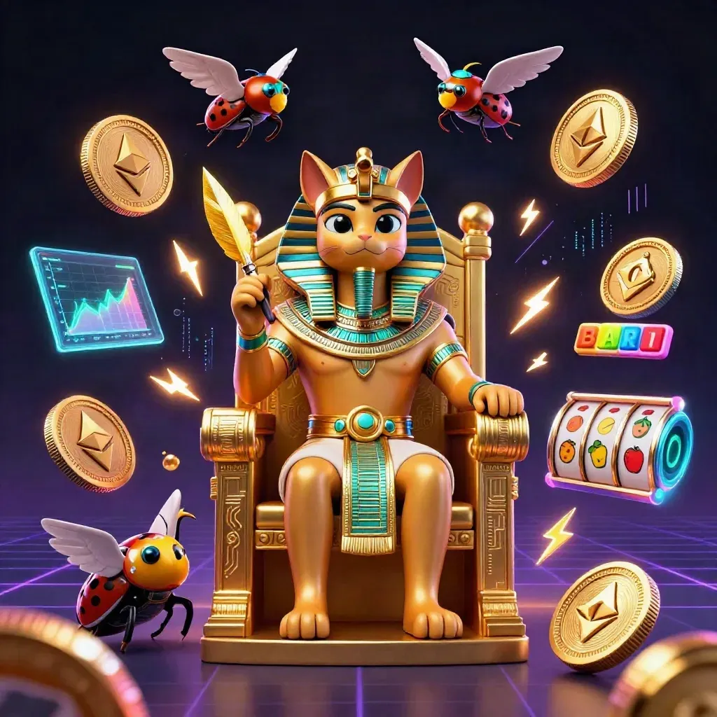 Pharaoh cat, ibis scribe, and scarabs amid slot symbols, crypto coins, and neon casino energy.