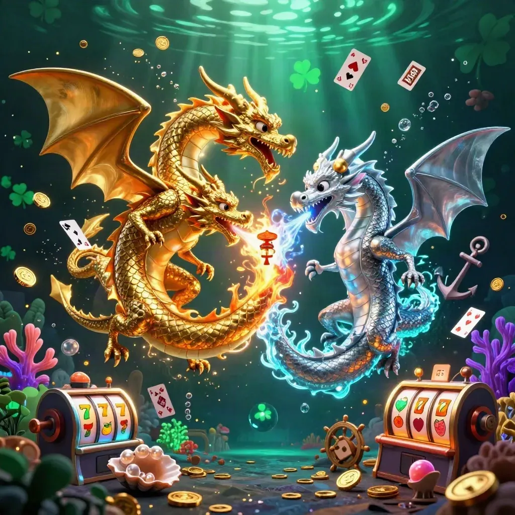Gold and silver dragons twist around a lantern spirit in a glowing underwater casino cove.