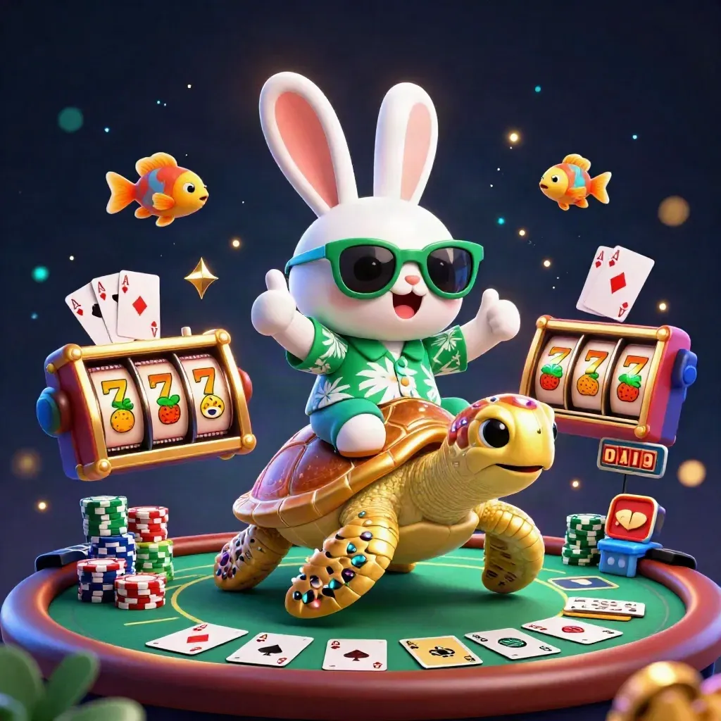 Emerald-lit rabbit on a golden turtle amid chips, cards, reels, and casino sparkles.