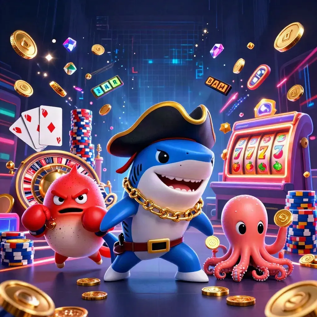 Shark pirate, boxing pufferfish and coin-juggling octopus amid casino sparks and slot symbols.