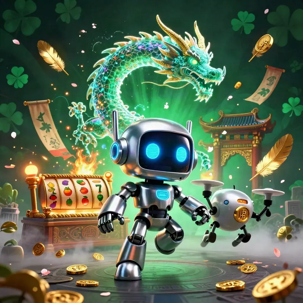 Chrome robot, holographic dragon, and coin drone amid slot symbols, temple gate, and gold magic.