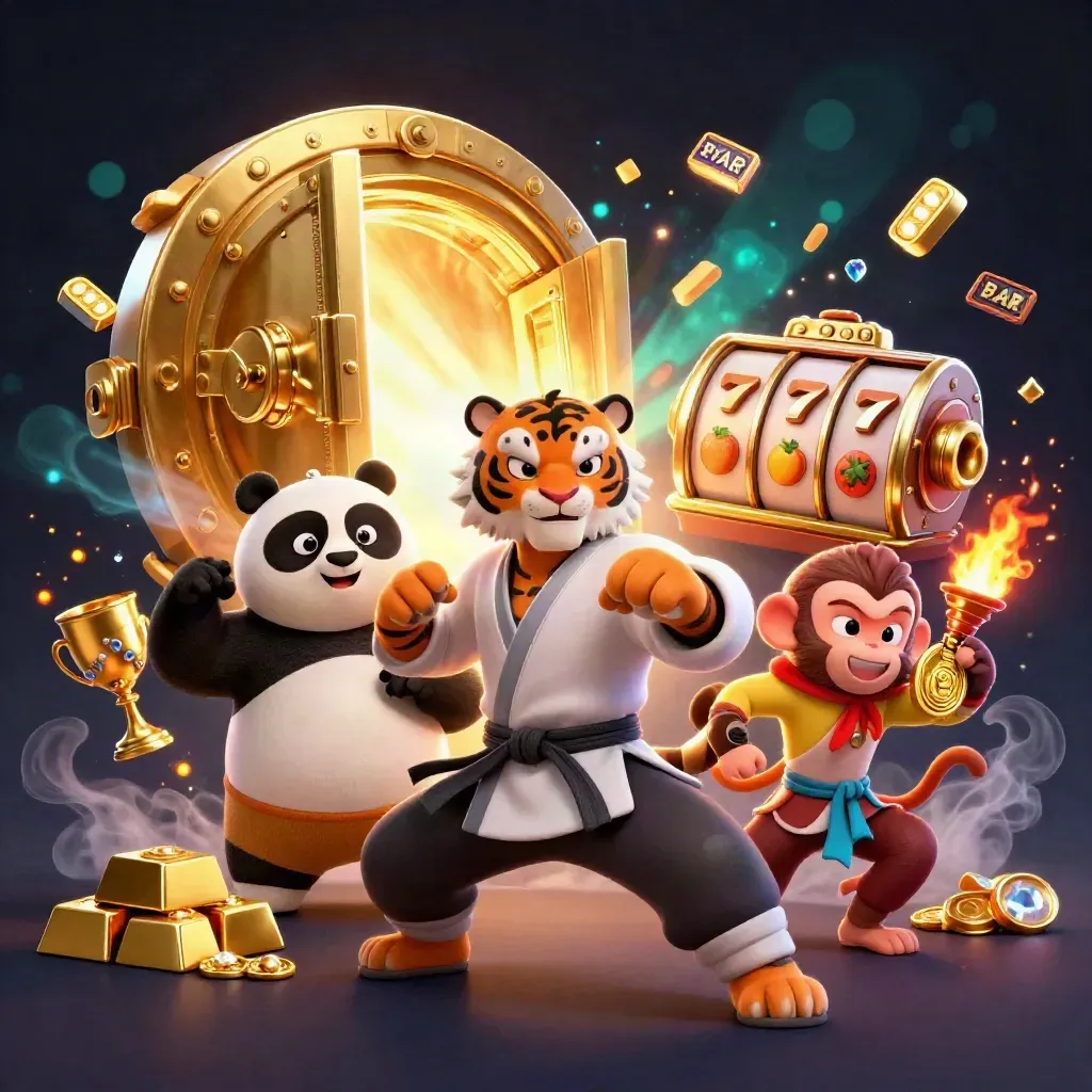 Kung-fu tiger master, panda disciple, and monkey thief amid gold, reels, and vault light.