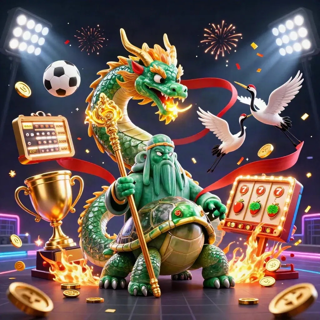 Emerald dragon, turtle sage, and cranes amid gold casino effects on dark neon backdrop.