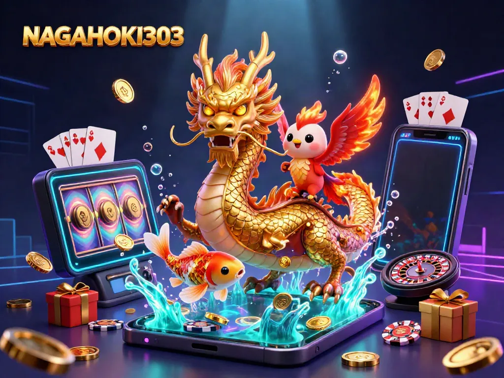Raih keberuntungan dengan NAGAHOKI303 dalam ilustrasi kasino yang penuh warna dan detail tinggi.