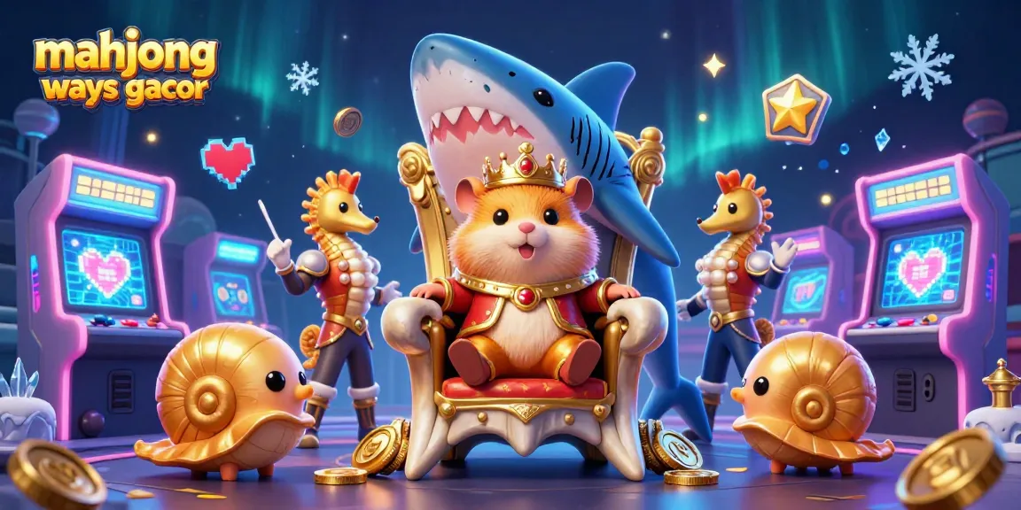 Engage with mahjong ways gacor in a vibrant 3D illustration featuring a golden hamster king on a megalodon throne, surrounded by gaming elements.