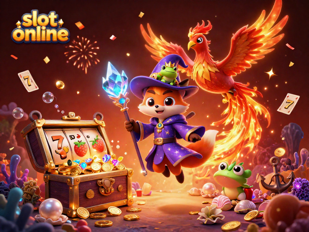 Engage in slot online gaming action with enchanting characters amidst vibrant casino elements.