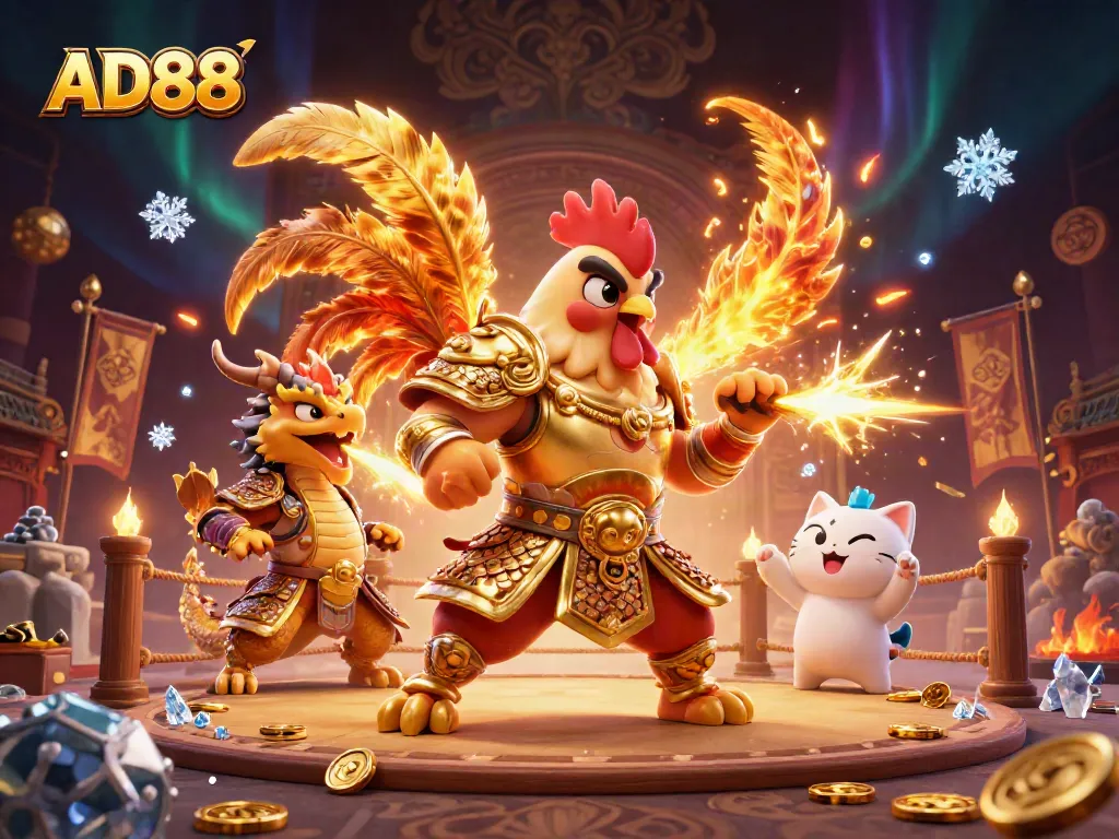 Experience thrilling gameplay at AD88 with a powerful rooster warrior and fierce dragon in an exciting battle scene.