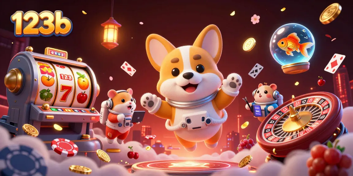 Engage in the thrilling world of 123b as a cartoon astronaut corgi navigates a vibrant space casino filled with floating slot game elements.