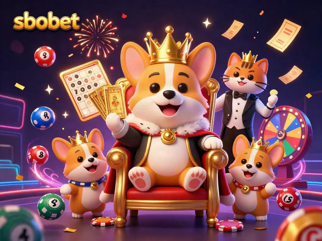 SBOBET branded illustration depicting a royal corgi on a poker chip throne surrounded by vibrant lottery elements.