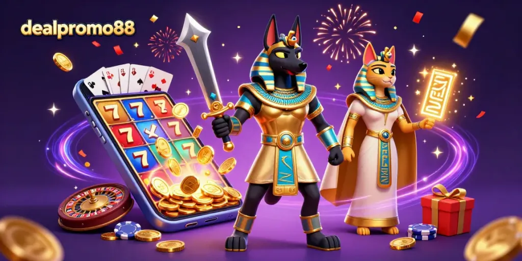 Win big with dealpromo88 in a vibrant casino scene featuring Anubis and gaming action.