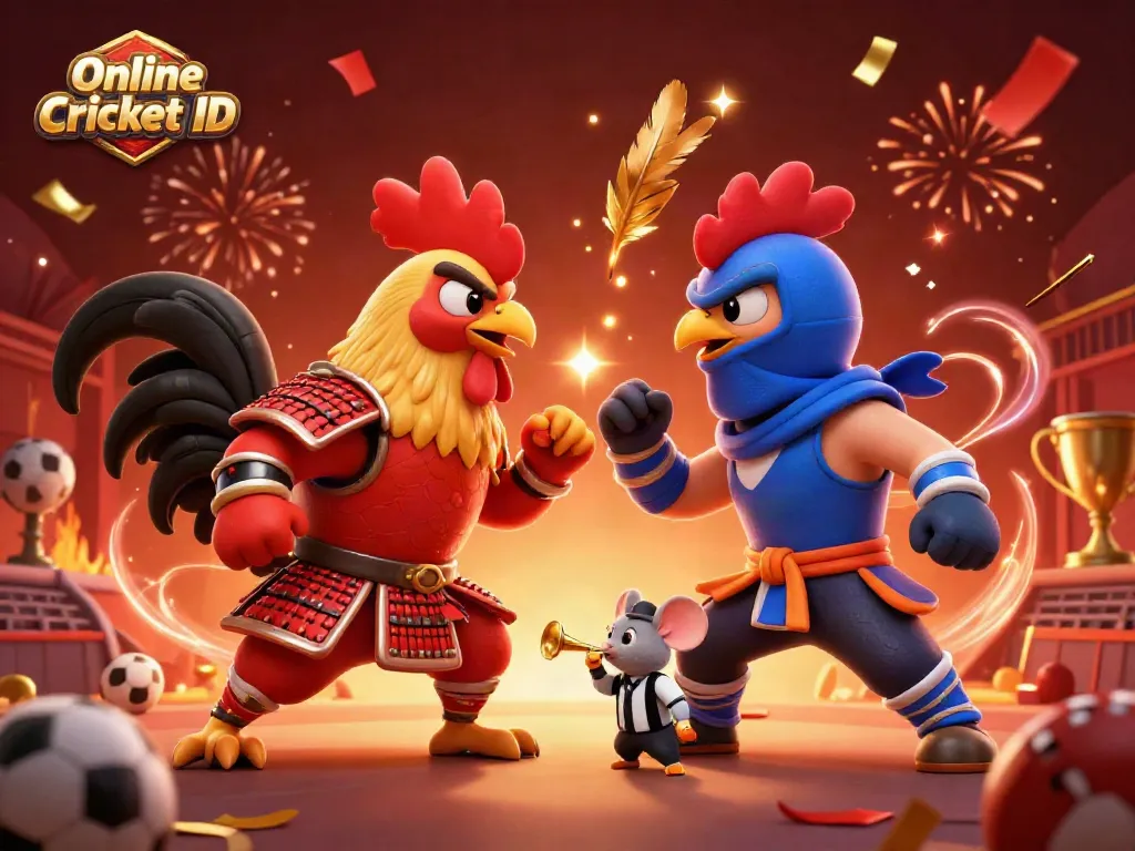 Engage in Online Cricket ID with vibrant imagery of armored roosters and dynamic sports elements.