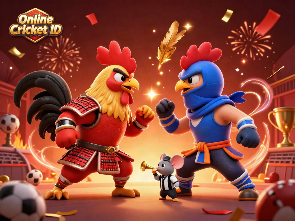 Engage in Online Cricket ID with vibrant imagery of armored roosters and dynamic sports elements.