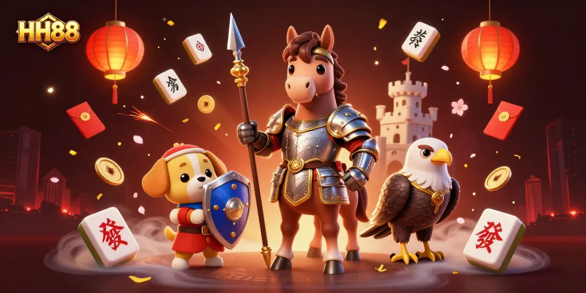 Engage with HH88's immersive gaming experience featuring a knight and a puppy within a vibrant casino scene.