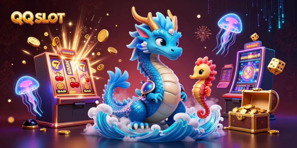 Spin and win with QQ SLOT, featuring dynamic characters and vibrant casino elements.