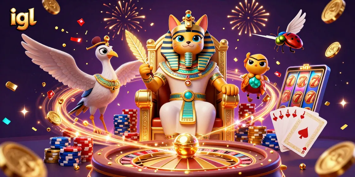Experience thrilling gameplay at igl with 3D pharaoh cat and vibrant casino elements.