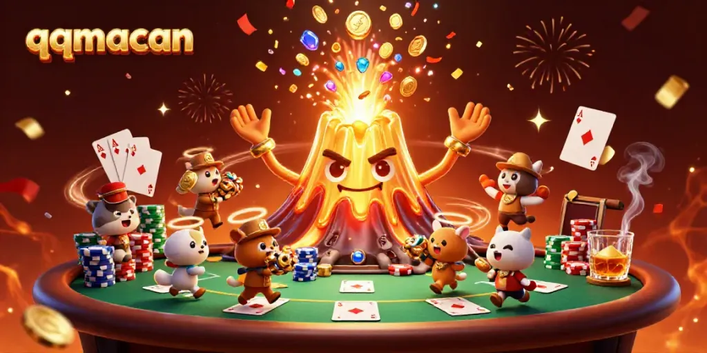 Spin the reels and unleash a treasure flood at qqmacan's 3D volcano adventure scene.