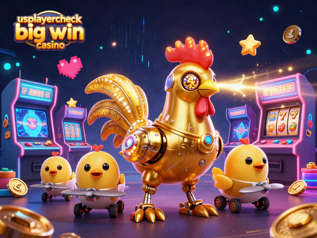 Engage with usplayercheck big win casino's vibrant gaming world featuring a golden rooster robot and baby chick drones.