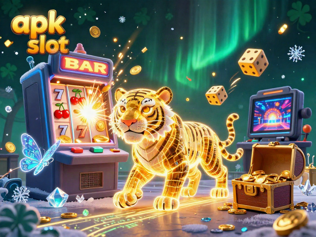 Slot apk slot yang penuh dengan simbol mesin slot dan karakter neon kontemporer di kasino digital.