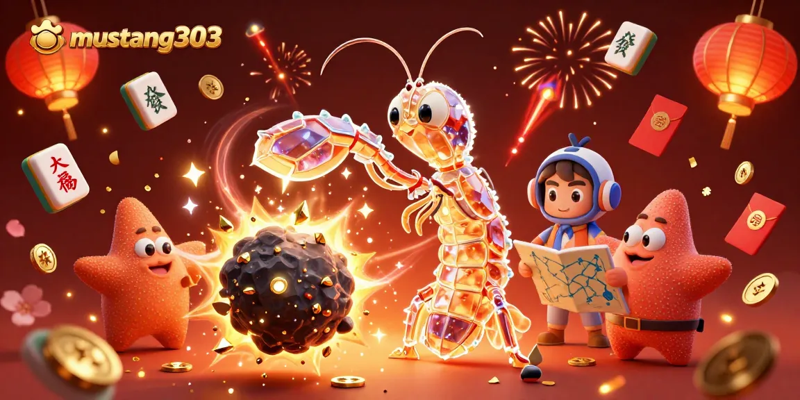 Experience thrilling gameplay with mustang303 as a galactic shrimp battles for treasure in a vibrant casino scene.