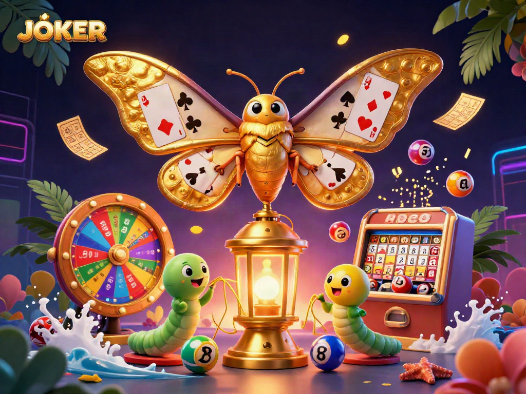 Engage with the JOKER world of vibrant online gaming, featuring colorful casino elements and a majestic moth.