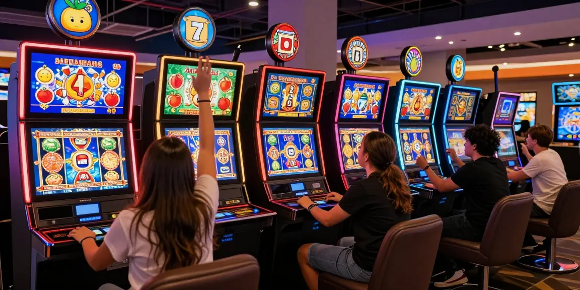 Players enjoying a slot online resmi experience in a vibrant casino gaming lounge with colorful displays.