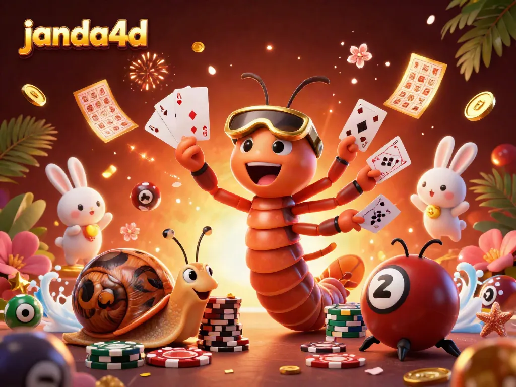 JANDA4D membawa keberuntungan dalam permainan bingo dengan dealer dan figur keberuntungan di latar belakang.