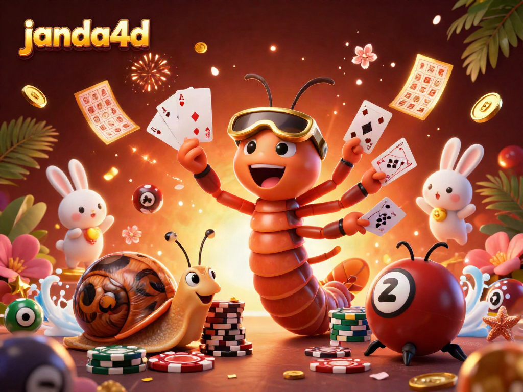 JANDA4D membawa keberuntungan dalam permainan bingo dengan dealer dan figur keberuntungan di latar belakang.
