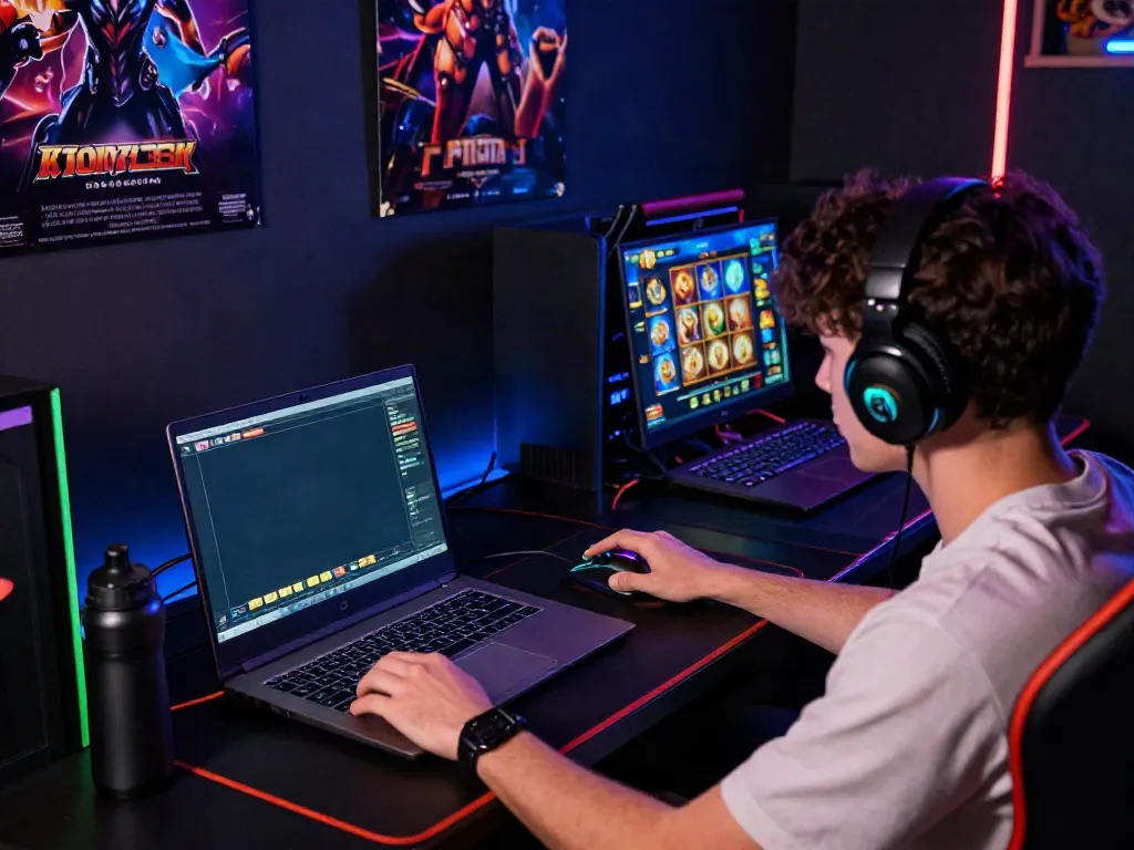 Engaged player exploring ทดลองสล็อต on a vibrant gaming laptop setup.