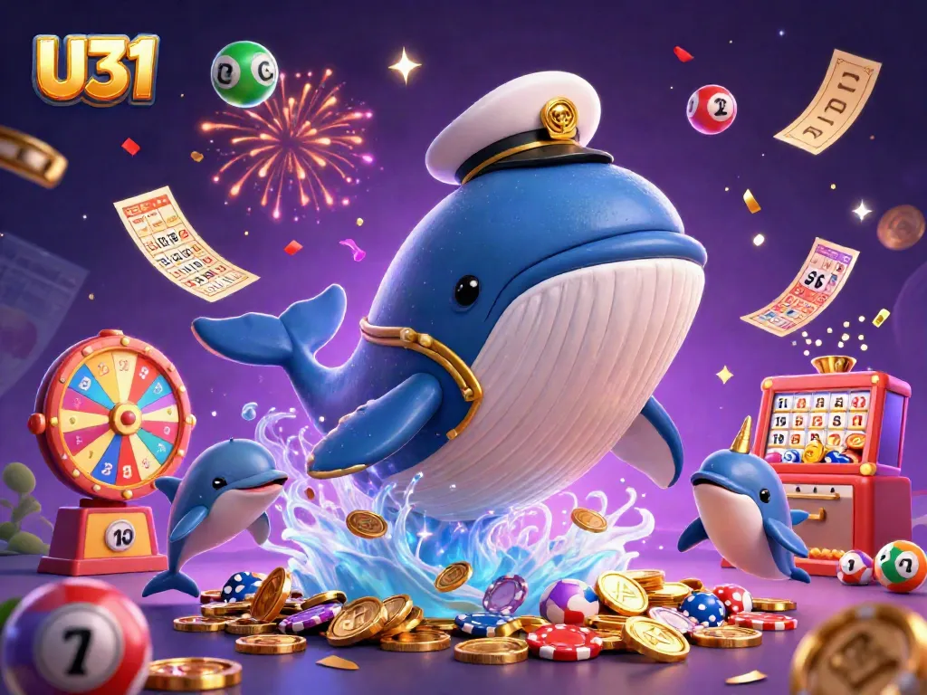 Experience U31 with a dynamic scene featuring a whale, narwhal, and dolphins amidst casino elements.