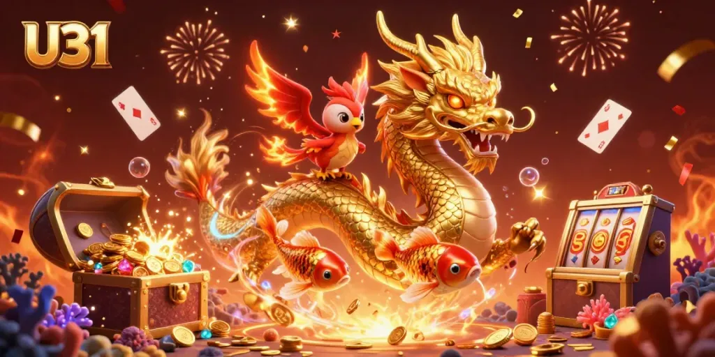 Experience the thrill of U31 with an explosive scene of a golden dragon amidst floating casino elements and treasures.