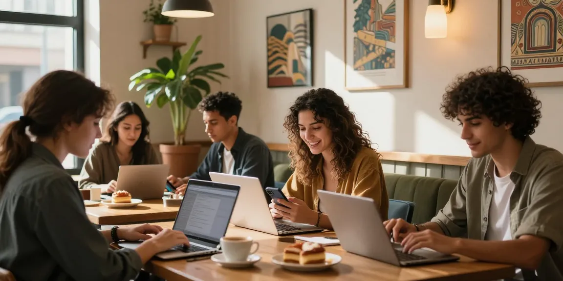 Group of friends engaging in شات عربي conversations in a cozy café, showcasing vibrant digital communication.