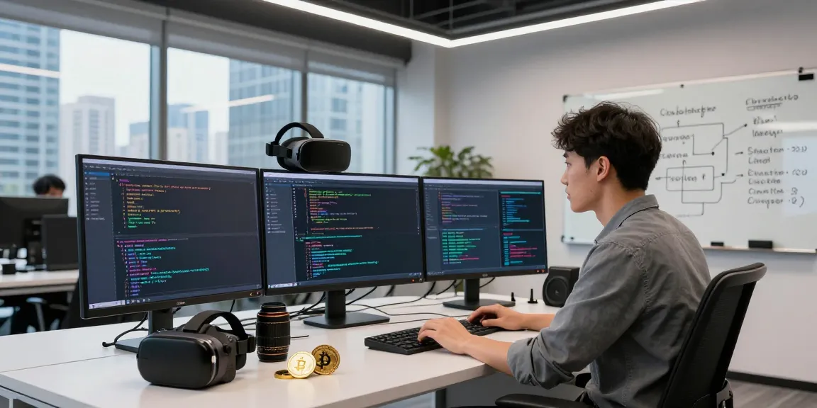 Web3 coding scene with a developer in a modern tech workspace, showcasing blockchain technology.