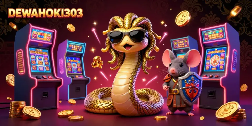 DEWAHOKI303 menawarkan keasyikan bermain slot online melalui ilustrasi penuh warna dan energi yang menggambarkan karakter Medusa dan mouse pahlawan.