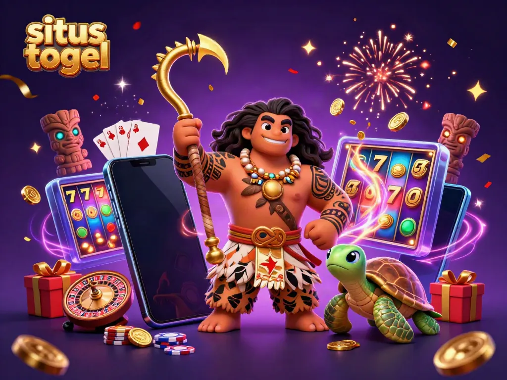 Play exciting games on situs togel with this colorful 3D illustration featuring a demigod and gaming elements.