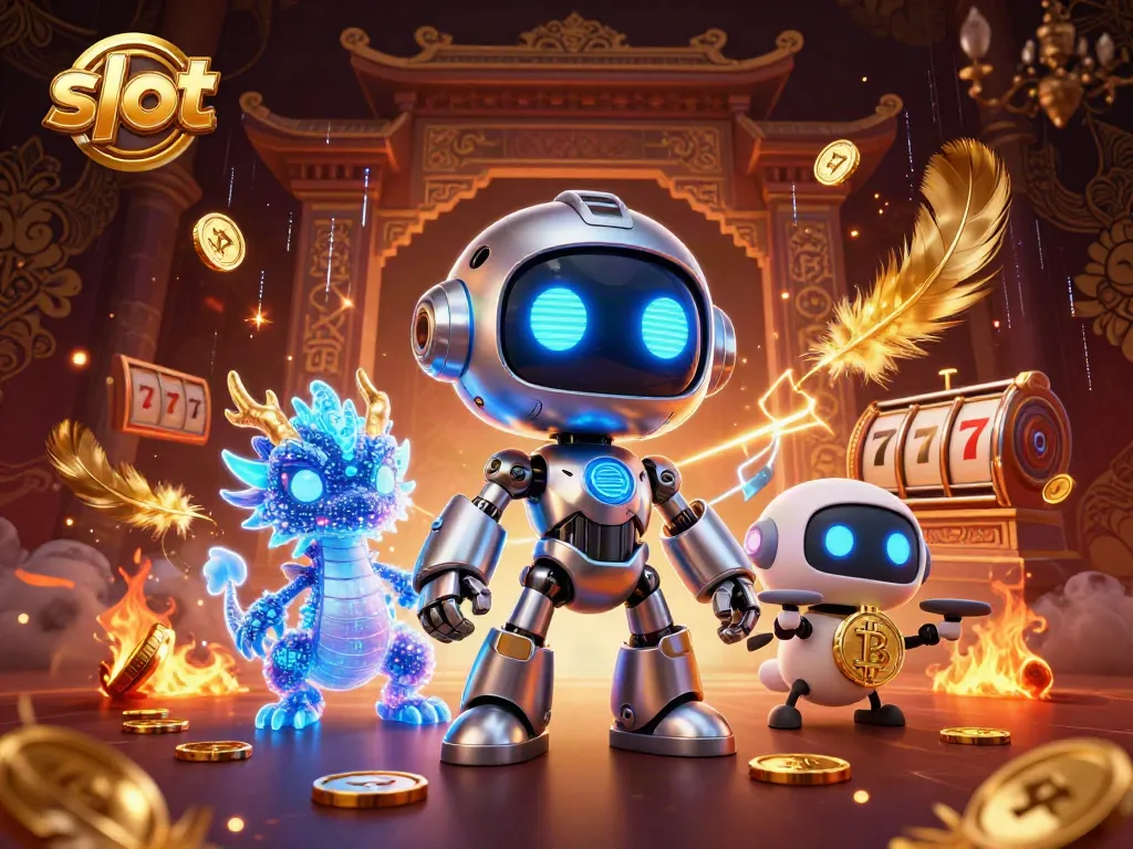 Mainkan slot dengan ilustrasi robot futuristik dan komponen permainan yang menarik.