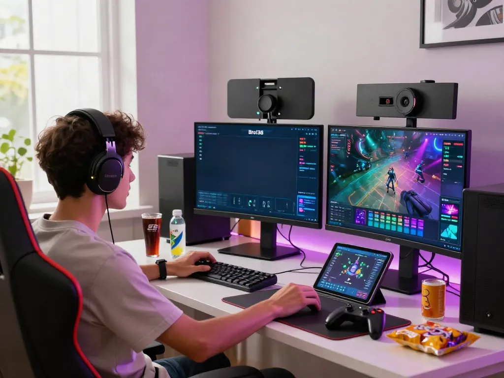 Gamer enjoying the Bro138 online gaming experience with multiple screens and vibrant lights.