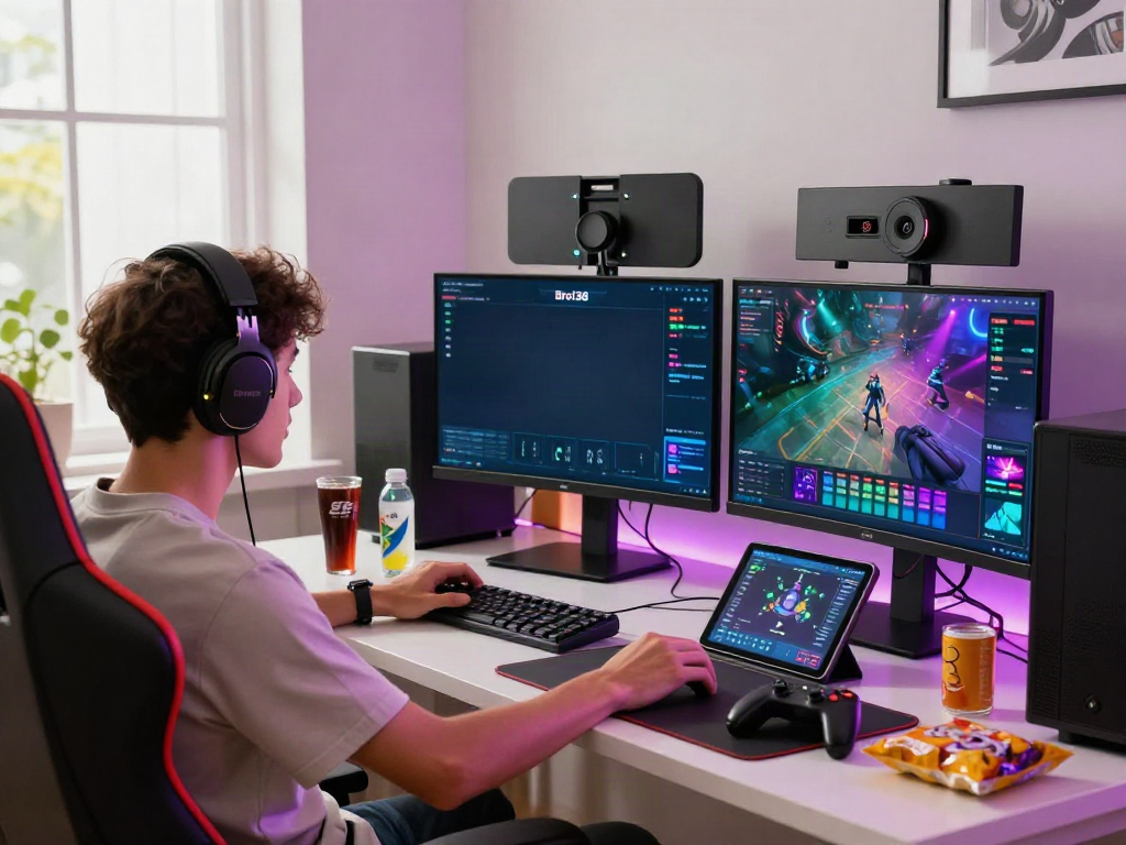 Gamer enjoying the Bro138 online gaming experience with multiple screens and vibrant lights.