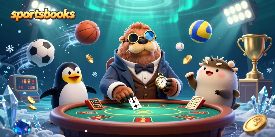 Experience thrilling sportsbooks action with a jolly walrus playing poker underwater, surrounded by vibrant sports elements.