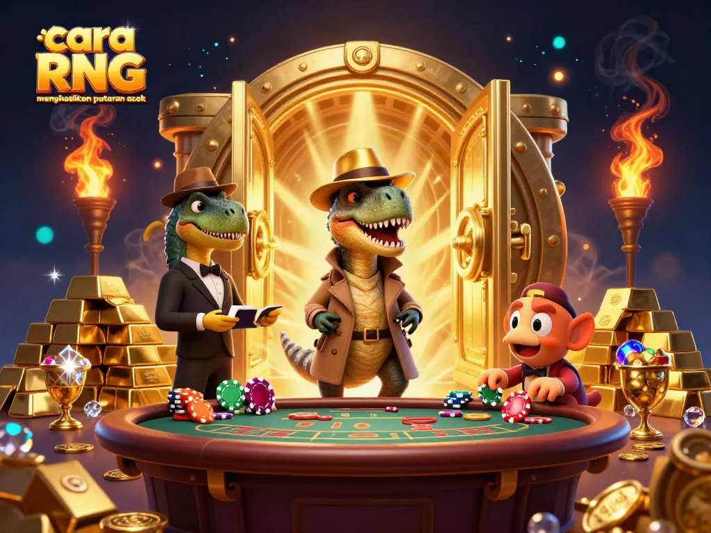 Ilustrasi 3D karakter kartun menunjukkan cara RNG menghasilkan putaran acak di kasino.