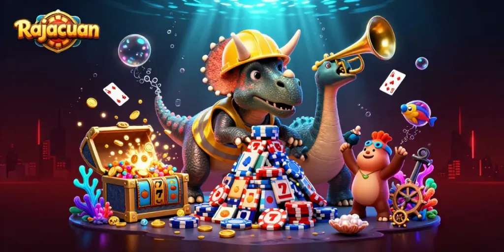 Rajacuan celebrates gaming success in an exciting 3D scene filled with casino elements and cheerful characters.